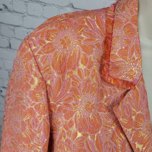 ECI New York Orange Floral 100% Silk Lined Rhinestone Snap Notch Jacket Size 14 - Picture 10 of 16